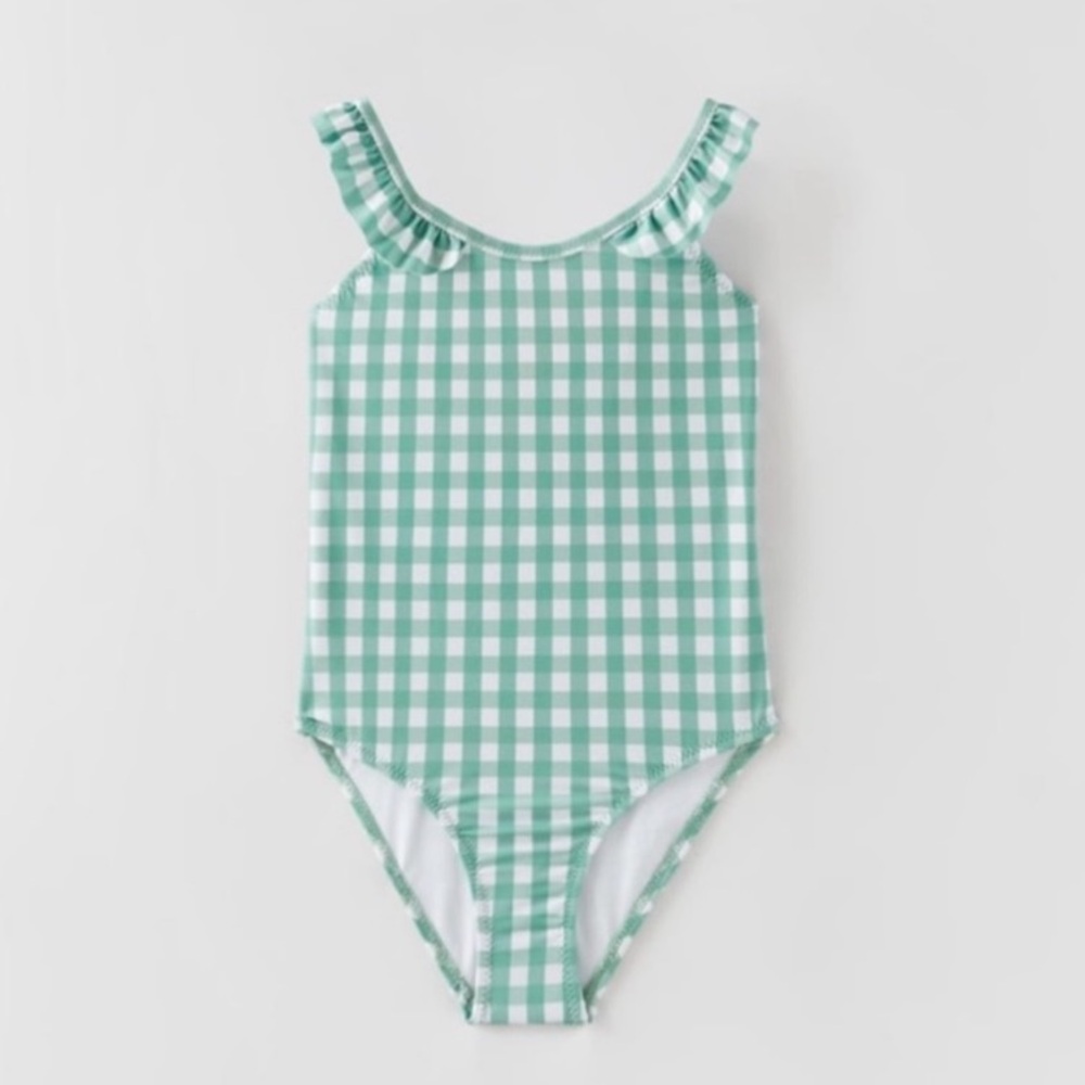 Zara bathing suit one piece gingham green white cross cross ruffle straps 4 5
